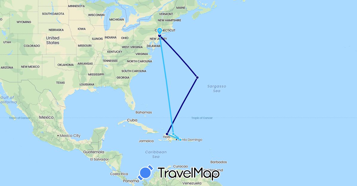 TravelMap itinerary: driving, boat in Bermuda, Dominican Republic, Haiti, United States (North America)